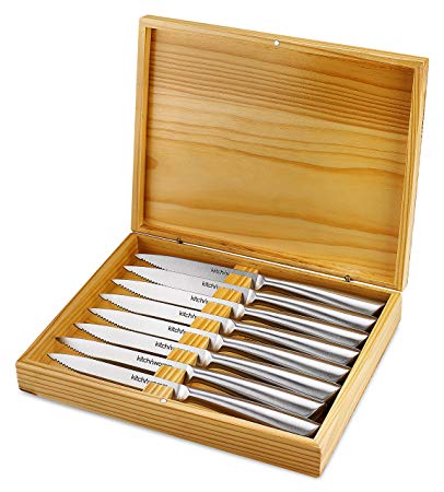 Steak Knives 8-Piece Serrated Stainless Steel Steak Knife Set In Wooden Gift Box- Dishwasher Safe One Piece Construction -For Dinner Parties BBQ At Home Kitchen Or Restaurant