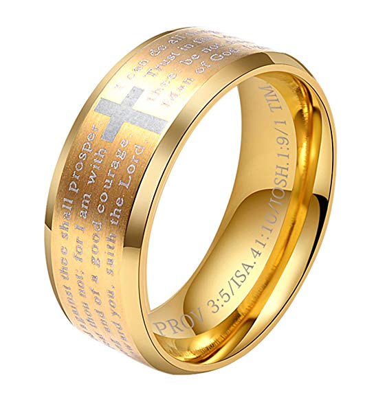 ALEXTINA 8MM Men's Stainless Steel Bible Verse Christian Lord's Prayer Cross Ring Wedding Bands Laser Engraved