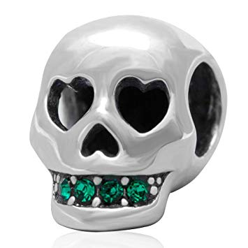 SoulBeads 925 Sterling Silver Heart Halloween Skull Emerald Crystal Charm Beads Fit Charms