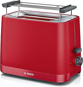 Bosch MyMoment TAT3M124 - Toaster Grille Pain compact - Arrêt automatique - 950 W - Fonction décongélation et réchauffage - Chauffe-viennoiserie amovible - Couleur : Rouge