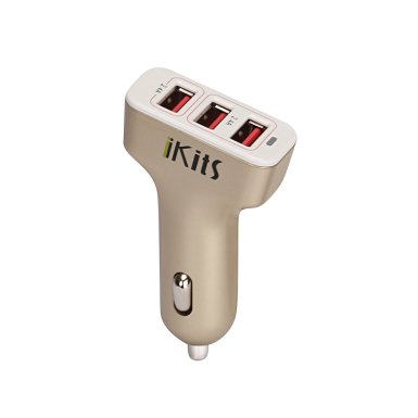 iKits (CE/FCC Verified) 5V 4.8A/24W Three 3-Port USB Car Charger Portable Fast External Charger Cigarette Charger with Smart IC Technology for iPhone/iPad, Android Devices & More Gold