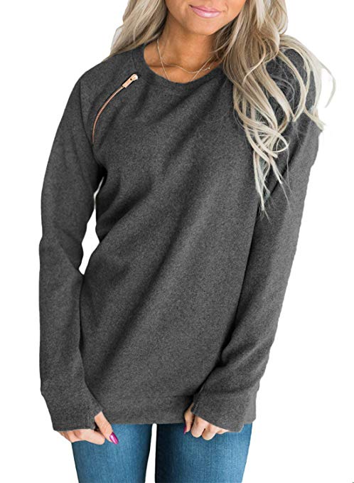 FARYSAYS Women's Casual Long Sleeve Round Neck Side Zip Pullover Sweatshirt Tunic Tops