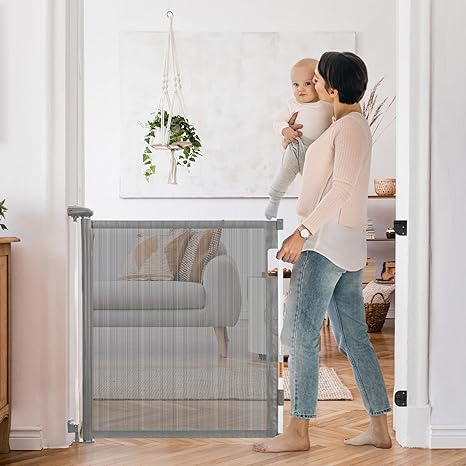 Delxo Retractable Baby Gate for The House, 33" Tall, Extends up to 59" Wide,Baby Toddler Kids Safety Mesh Gates for Stairs, Doorways, Hallways, Indoor, Outdoor,Dog Pet Gate,Dual-Use Self-Adhesive