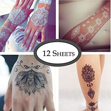 COKOHAPPY 12 Sheets Black and White Lace Temporary Tattoo Dream Catcher Mandala Lotus Crown for Women Girls