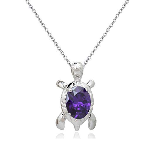 Turtle Pendant Necklace with Purple Violet Zirconia Crystals 18 ct White Gold Plated for for Women and Girls 18"
