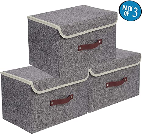 E-MANIS Storage Bins 3 Pack Foldable Storage Boxes with Lids Storage Baskets Storage Containers Organizers with Handles 38 x 25 x 25 cm