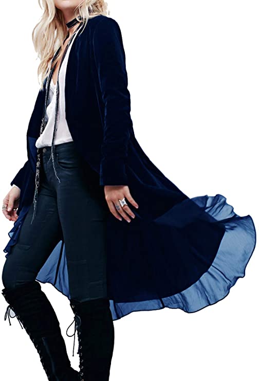 R.Vivimos Womens Ruffled Asymmetric Long Velvet Blazers Coat Casual Jackets