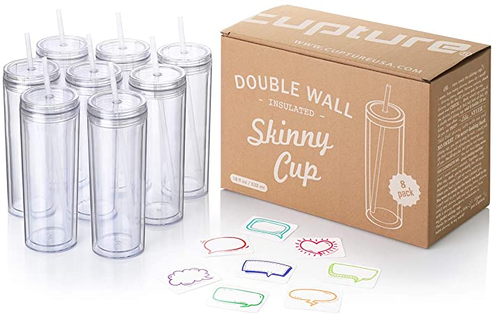 Cupture Skinny Acrylic Tumbler Cups with Straws - 18 oz, 8 Pack (Clear)