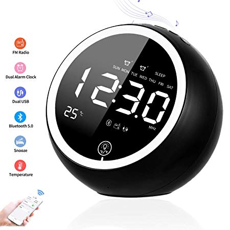 Digital Alarm Clock, Bluetooth Speaker Radio Alarm Clock for Bedrooms, Dual Alarm Clock with FM, Two USB Charger, Sleep Timer, Snooze, Temperature, Dimmer, Loud Alarm Clock for Heavy Sleepers