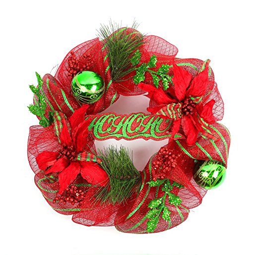 Naice Polyester Christmas Festival Wreath with Pine Tips, Poinsettia, Holly Leaves, Christmas Balls, Ho-ho-ho 20-inch