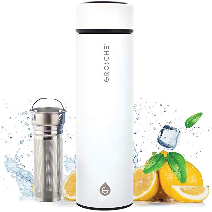 GROSCHE Chicago SOFT TOUCH (White) fruit infuser water bottle | Double walled Tea infuser bottle | Vacuum insulated stainless steel water bottle | 450 ml/ 15.2 fl. Oz | EXTRA LONG TEA INFUSER