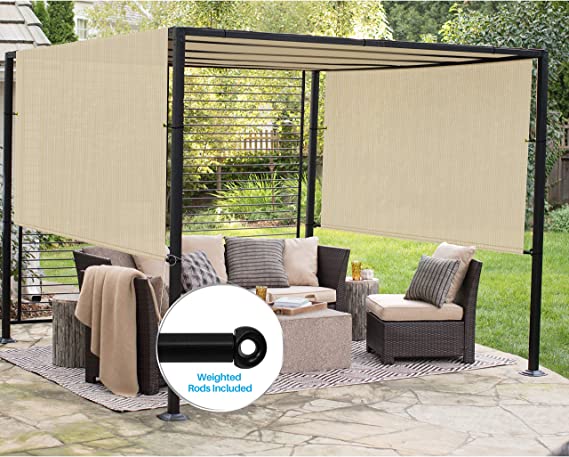 Patio Outdoor Shade Universal Replacement Pergola Canopy Shade Cover 10’X12’ Beige with Grommets 2 Sides Weighted Rods Included Shade Screen Panel for Balcony Deck Porch