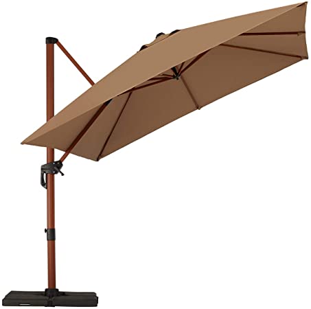 PAPAJET Patio Umbrella Outdoor Square Umbrella Offset Cantilever Umbrella 10x10ft Hanging Wood Grain Umbrella with Easy Tilt & Cross Base for Garden Backyard Deck Pool, Khaki