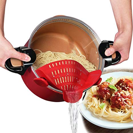 HOOFUN Pot Strainer Snap Spaghetti Strainer, Clip on Food Strainer for Pot Pans Bowls, Sieve Snap on Filter Colander for Pasta, Noodles,Fruit,Ground Beef, Food Grade (Red)