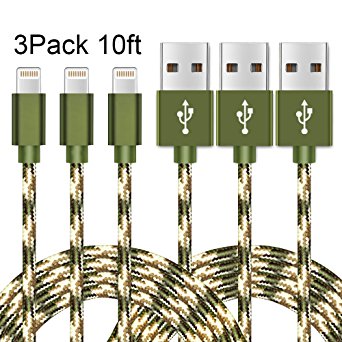 iPhone Cable,XUZOU 3Pack 10FT Nylon Braided Lightning Cable Cord Certified to USB Charging Charger for iPhone 7/7 Plus/6/6 Plus/6S/6S Plus,SE/5S/5,iPad,iPod Nano 7 (Camo Green)