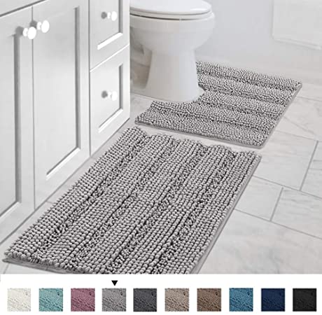 Bathroom Rugs Luxury Chenille Mat Set, Soft Plush Shower Rug   Toilet Mat, Microfiber Striped Shaggy Carpet, Machine Washable Bath Mats (Curved Set, 32" x 20"/20" x 20", Dove)