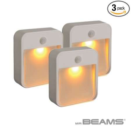 Mr. Beams MB720A Sleep Friendly Battery-Powered Motion-Sensing LED Stick-Anywhere Nightlight with Amber Color Light (3-Pack), White
