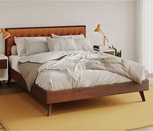 DG Casa Soloman Mid Century Modern Upholstered Platform Bed Frame with Square Button Tufted Headboard and Full Wooden Slats, Box Spring Not Required - Queen Size in Orange Fabric