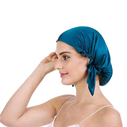 Perfect Trade 100% Natural Silk Night Sleep Cap Head Cover Lined Sleeping Bonnet for Women & Men Hair Scalp Care (Blue)
