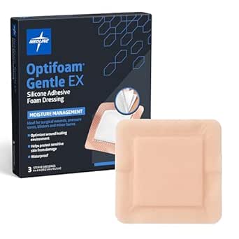 Medline Optifoam Gentle EX Silicone Adhesive Foam Dressing, 4” x 4” Dressing with 2.5” x 2.5", Protects Sensitive Skin, Waterproof, Covers and Protects Wounds, Pack of 3