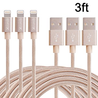 Xcords(TM) 3Pack 3Ft Nylon Braided 8 Pin Lightning to USB Cable Data Syncing Cord Compatible with iPhone 7/ 7 Plus/6/ 6 Plus/ 6s/ 6s Plus /5/5s/5c/SE/iPad/iPod/Beats Pill (Gold)