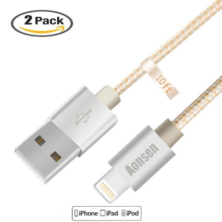 Aonsen 2pcs 10ft Lightning Cable,Extra Long,Nylon Braided,Charging and 8 Pin iPhone Cord for iPhone 6/6 Plus/6s/6s Plus/5/5c/5s,iPad 4 Mini Air(Gold)
