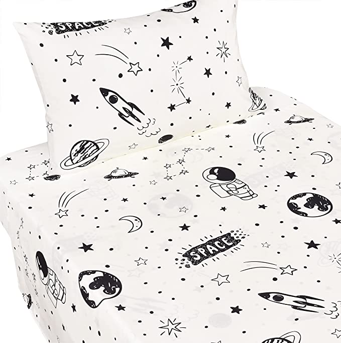 J-pinno Space Astronaut Airship Planet Stars Earth Boys Twin Sheet Set Bedroom Decoration Gift, 100% Cotton, Flat Sheet + Fitted Sheet + Pillowcase Bedding Set (Twin, 20)