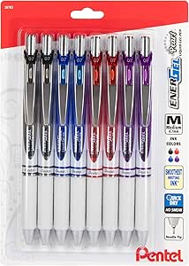 EnerGel Pearl Retractable Liquid Gel Pen, Needle Tip, 0.7mm, Medium Line, Assorted Ink, 8-Pk (BLN77WBP8M)