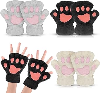 Abnaok Cat Paw Gloves 3 Pairs Kawaii Gloves Cat Paws Cosplay Faux Fur Plush Cat Gloves Lion Paws Fingerless Gloves for Girls Women