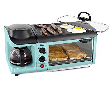 Nostalgia BST3AQ Retro 3-in-1 Family Size Electric Breakfast Station, Coffeemaker, Griddle, Toaster Oven, Aqua