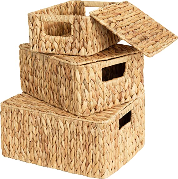 StorageWorks Rectangular Wicker Baskets for Organizing, Water Hyacinth Storage Baskets with Lids and Built-in Handles, Set of 3 (Large & Medium & Small), 14 ¼"L x 11 ¼"W x 7 ¼"H