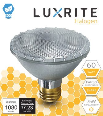 Luxrite LR20623 (6-Pack) PAR30 Eco Halogen Short Neck Light Bulb, 60 Watt (75w replacement) Dimmable, 40° Flood Beam Spread, 2900K, 1080 Lumens E26 Base, For Indoor/outdoor use.