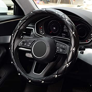 KAFEEK Diamond Leather Steering Wheel Cover with Bling Bling Crystal Rhinestones, Universal 15 inch Anti-Slip