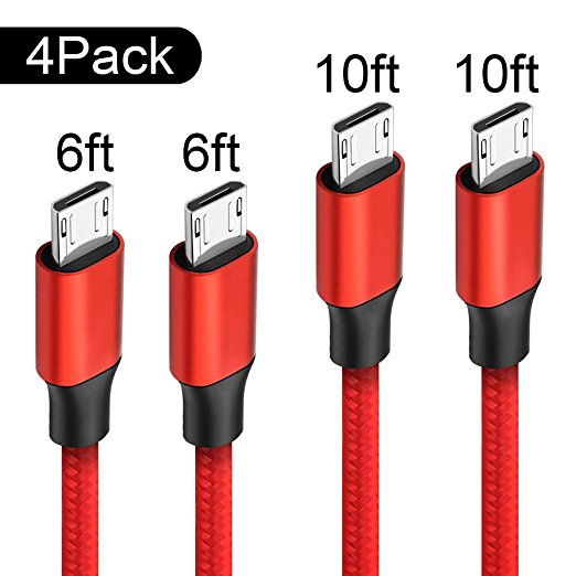 WZS Micro USB Cable,4Pack 6FT 6FT 10FT 10FT Extra Long Nylon Braided High Speed USB to Micro USB Charging Cable Android Charger Cord Samsung Fast Charger for Samsung Galaxy S7 Edge/S6/S4/S3,Note 5/4/3