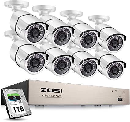 ZOSI 8CH PoE Home Security Cameras System with 1TB Hard Drive,H.265  5MP 8-Channel NVR Recorder and 8pcs Wired 2MP 1080P Outdoor Weatherproof 120ft Night Vision PoE IP Cameras for 24/7 Recording