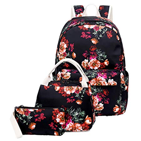 School Backpack for Teen Girls School Bags Lightweight Kids Girls School Book Bags Backpacks Sets (05 Black/Floral)