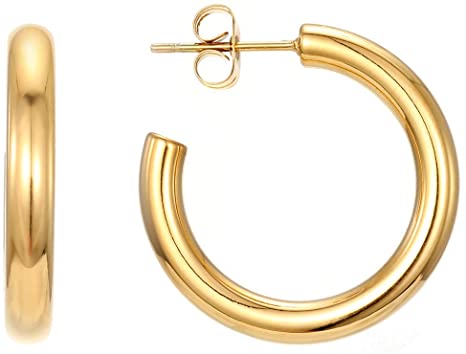 Feximzl 18K Gold Plated Chunky Open Hoops Gold Color Stainless Steel Hoop Earrings for Women