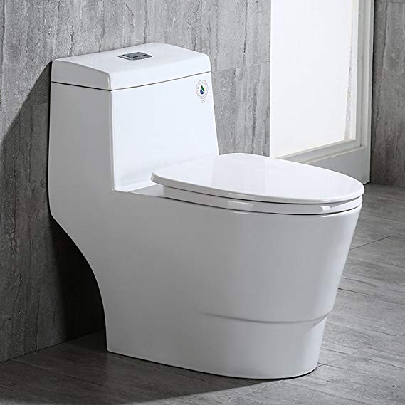 Woodbridgebath T-0001 Woodbridge Dual Flush Elongated One Piece Toilet with Soft Closing Seat. Comfort Height, Water Sense, High-Efficiency. T-0001 Rectangle Button, Pure White III