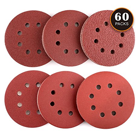 Tacklife Sanding Discs, 60 PCS Extra Thick Sander paper, 5 Inch 8 Holes Dustless Hook and Loop, 40/60/80/120/180/240 Grit Sandpaper, Ideal for Sanding / Polishing / Derusting - ASD03C