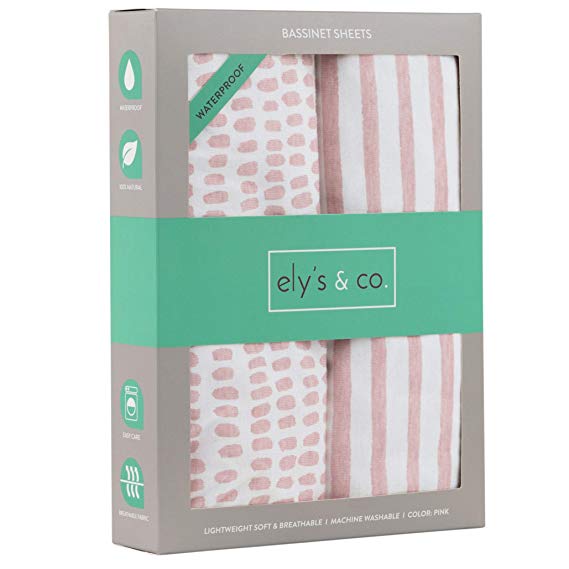Ely's & Co. Waterproof Bassinet Sheet,No Need for Bassinet Mattress Pad Cover, 2 Pack Mauve Pink Splash & Stripes,for Baby Girl