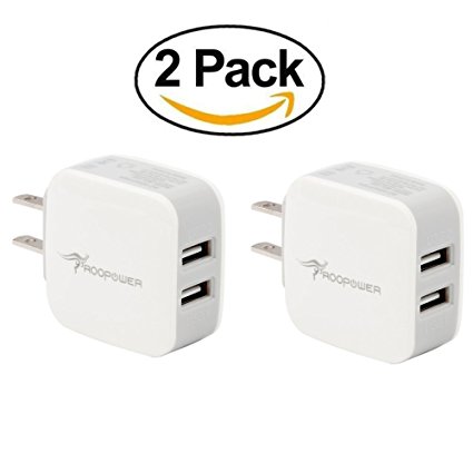 Dual USB Charger 2-Pack, Roopower 15W 2 Port USB Wall Travel Charger Power Adapter for iPhone, Android Smartphones, Media Players, Game Devices, GPS, Power Bank and More [White 2-Pack]