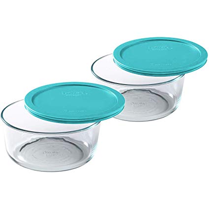 Pyrex Storage Plus 7-Cup Round Glass Food Storage Dish, Turquoise Cover, 2 Pack