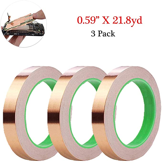 3 Pack Copper Foil Tape QIUYE Double-Sided Conductive Adhesive Tape for EMI Shielding, Craft, Arts, Paper Circuits, Electrical Repairs, Grounding (3/5inch x 21.8yard)