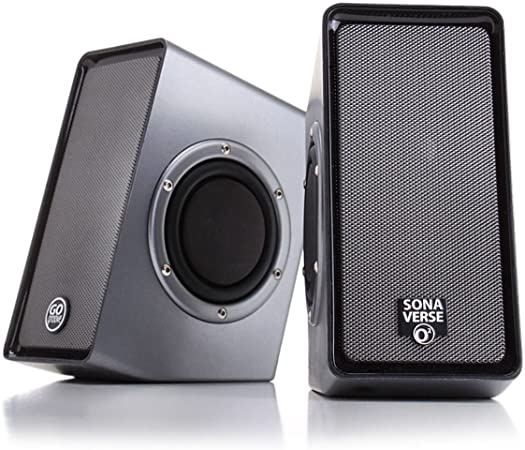 PC Computer USB Powered Speakers w/ 3.5mm AUX Input by GOgroove - SonaVERSE O2 (Black) - 2.0 Channel Dual Passive Bass Woofers, Built-in Volume Dial, Sleek Compact Design Ideal for Desktops & Laptops