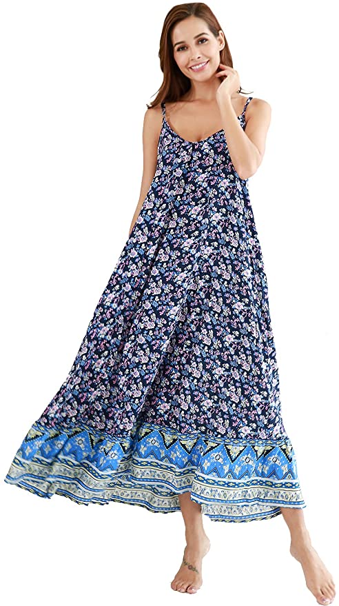 BUENOS NINOS Women's V Neck Floral Maxi Dress Boho Printed Adjustable Spaghetti Strap Ethnic Beach Long Dress with Pockets