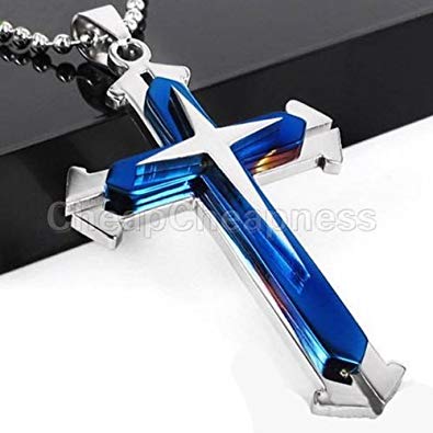 Buytra Blue&Black Silver Stainless Steel Cross Pendant Men's Necklace Chain [Jewelry]