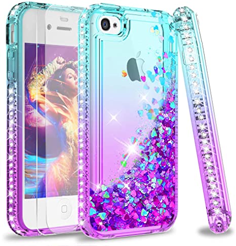 LeYi Case for iPhone 4S, iPhone 4 Case with Tempered Glass Screen Protector [2 pack],Girl 3D Glitter Liquid Cute Personalised Clear Silicone Gel Shockproof Cover for Apple iPhone 4/4S Turquoise Purple