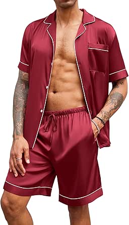 Ekouaer Mens Satin Pajamas Set Button-Down Short Sleeve Shirt Top Soft Silk Sleepwear Loose Pocket Pant Loungewear