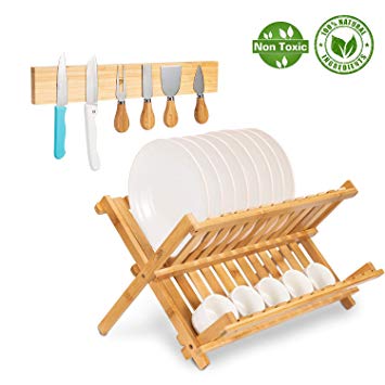 Bamboo Foldable Dish Drying Rack - 15 Slot Collapsible 2-Tier Dish Cup Holder Dish Drainer with Magnetic Knife Strips Holder for Kitchen knives & Utensils by OasisCraft