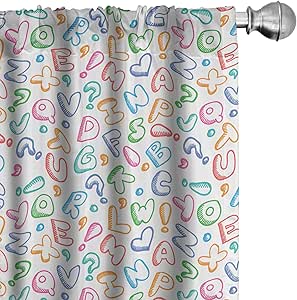 Ambesonne Alphabet Window Curtains Pack of 2, Letters in Fun Colors Scribble Style ABC Hearts Comics Art, Lightweight Set with Rod Pocket, 4 Panels of - 28" x 63", Pink Blue